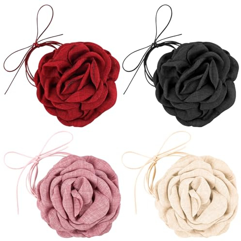 ANNASAMDO 4 Stück Blumen Choker mit Verstellbarer Länge - Blumenhalskette für Hochzeit, Party, Strand - Schwarz, Rot, Rosa, Beige