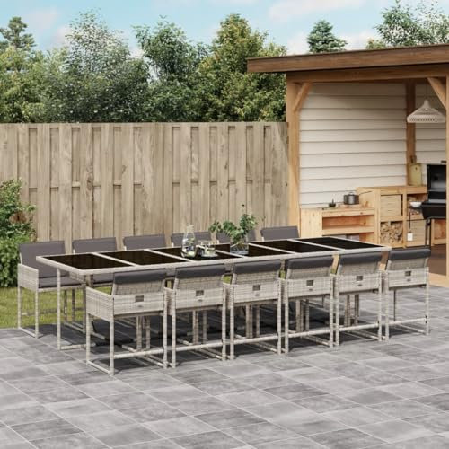Gecheer Set da Pranzo per Giardino e Esterno, Tavolo in Vetro 330 cm con 12 Sedie, Polyrattan Grigio Chiaro per Patio e Terrazzo