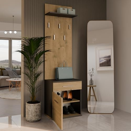 WHATSIZE ENTERPRISE - Modern Entryway Hall Double Wardrobe with Drawers Storage Coat Rack, Shoe Storage, Hanging Hooks |Cabinet Contemporary Bedroom Foyer Furniture Anthracite Artisan