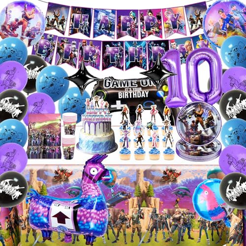 10th Video Game Birthday Decorations for Boys, Foil Balloons Gaming Birthday Banner Cake Toppers Party Plates Cups Napkins Party Tableware Decorations 10 Years Old Gamers Lovers Party Supplies