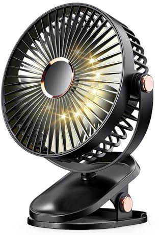 Portable Clip on Fan Battery Operated with LED Lights, Powerful USB Desk Fan, 5 Speed Quiet Rechargeable Table Fan, 720° Rotate Personal Cooling hang fan for Home Office Stroller Camping (Black)