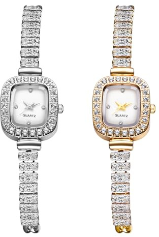 JewelryWe Orologio da donna, piccolo orologio quadrato, con strass, analogico, al quarzo, da donna, lussuoso, con quadrante quadrato in madreperla e cinturino sottile in metallo regolabile, Set da 2