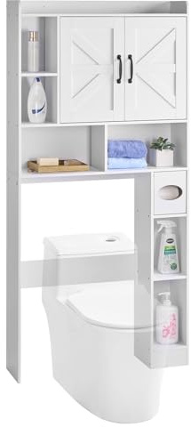 VEVOR Meuble de Rangement WC Hauteur 168 cm, Rangement au Dessus des Toilettes ou Machine à Laver, avec Double Porte et Étagère Réglable Ouverte, Armoire de Salle de Bain Gain de Place, Blanc