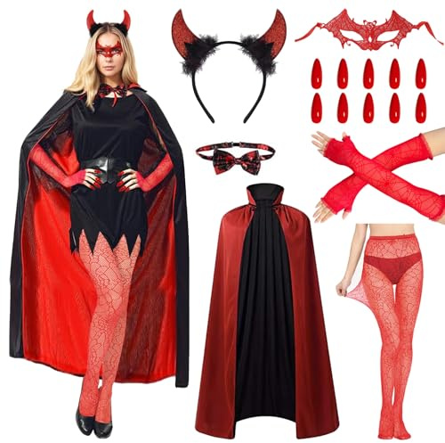 GOUYENG Teufel Kostüm,Faschingskostüme,Umhang Schwarz Rot Doppelseitig,Halloween Kostüm Damen Gruselig,Teufelkostüm Teufel Umhang Damen Sexy,für Karneval,Fasching,Mottoparty,Halloween