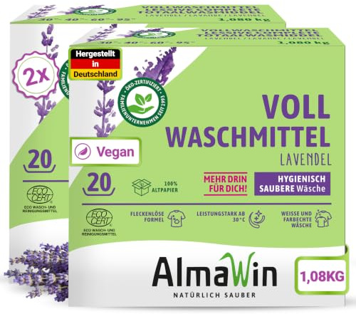 AlmaWin® Vollwaschmittel Pulver [2x 1,08kg - 40 Ladungen] mit Lavendel-Duft für strahlende Reinheit - Waschmittel Pulver für alle weißen & farbechten Textilien [30-95°C] - Veganes Voll-Waschpulver