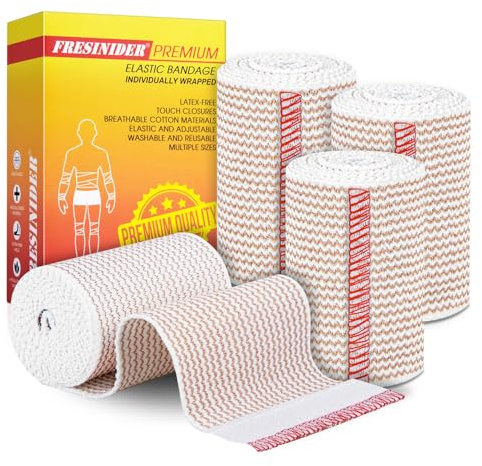 FRESINIDER Elastic Bandage Wrap, 3 x 4 Pack – Latex Free Cotton Compression Bandage with Hook & Loop Closure at Both Ends, Reusable Wrap for Sports, Medical, and Injury Recovery