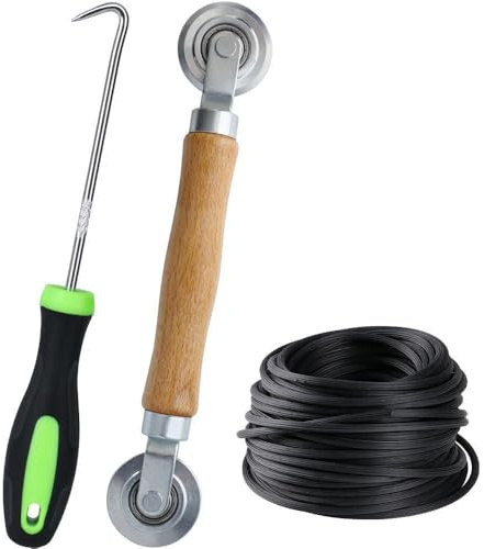 Doppelrad Keder Einzieher Einroller für Fliegengitter – Reparaturwerkzeug mit 19m x 5mm Gummi Kederband, Holzgriff & Spline Roller – Insektenschutz Ersatzteil zum Installieren von Fensterfliegengitter