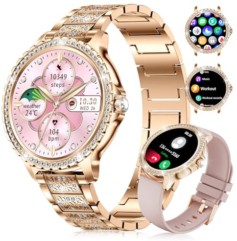 FITFLEX Smartwatch Damen mit Diamant-Metallarmband, 1,35 HD Smart Watch Damen mit Telefonfunktion, Herzfrequenz Schlafmonitor SpO2 Schrittzähler, IP67 Wasserdicht Fitnessuhr mit 20 Sportmodi