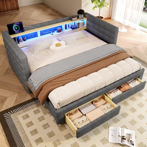 Luscriate Tagesbett 90/180x190 cm mit Ausziehbett, LED-Beleuchtung, USB & Typ-C, Samt-Schlafsofa mit Schubladen & Stauraum – Ohne Matratze (Grey, 90/180 x190cm)