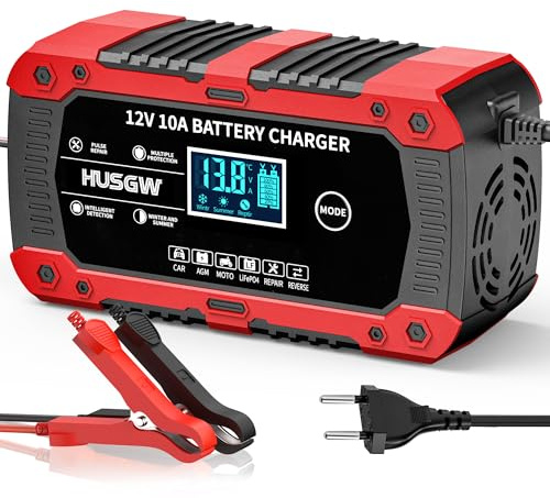 12V10A Cargador Baterias Coche, Cargador de Baterias Coche y Moto Inteligente y Funciones, Adecuado para Baterías Automotrices LiFePO4,para Coche/Moto/Clippers/AGM/Gel/Wet/SLA (10A) (10 Red)