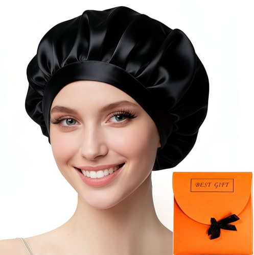 Cofano di Seta Riutilizzabili, Fascia Elastica Regolabile Cappa Seta per Dormire, Morbida e Protettiva, Cura dei Capelli, Si USA per la Maggior Parte dei Capelli (Nero)
