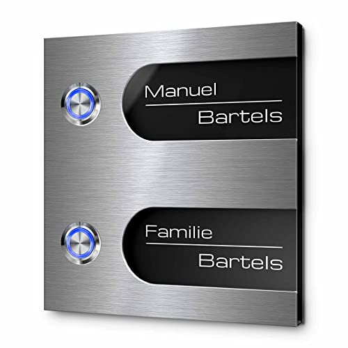 Mehrfamilien Türklingel mit Gravur und 2 LED-Klingelknöpfen 12x13 cm | Modell: Bartels-Aa | gravierte Klingel aus Hochglanz Acrylglas und Edelstahl Klingelschild Klingelplatte