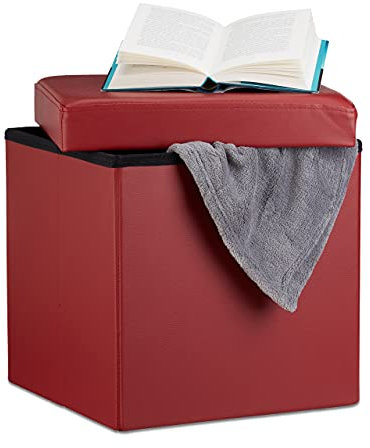 Relaxdays Faltbarer Sitzhocker, Sitzcube mit Stauraum, Fußablage, Sitzwürfel aus Kunstleder, HBT 38x38x38 cm, dunkelrot