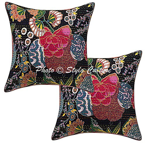 Stylo Culture Boho Forros De Cojines Decorativa 40x40 cm Algodón Tropicana Fundas Almohadones Sofa Negro 16x16 Inch Kantha Cuadrado sobre Fundas para Cojines De Cama - 2 Pcs