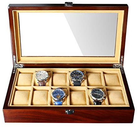 Naturer Uhrenbox Herren 12uhren Holz mit Kissen,Uhrenkasten aus Echtholz für 12 Uhren mit Glasfenster,Uhrenaufbewahrung Uhrenkoffer Herren Stackers Geschenkbox für männer