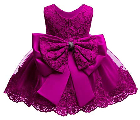 Vestito da Ragazza Festa in Pizzo per Bambini Abiti da Sposa Damigella d'onore Bowknot Tutu Abito da Compleanno Principessa Senza Maniche Formale Battesimo Sera Cerimonia Vestiti Fucsia 3-4 Anni