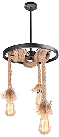 iDEGU 3 Lampen Pendelleuchte Industrielle Deckenleuchte Vintage Kronleuchter Lampenschirm Design Rad aus Metall und Hanfseil Hängeleuchte für Wohnzimmer Hall Restaurant Bar Café schwarz Ø 35 cm 3