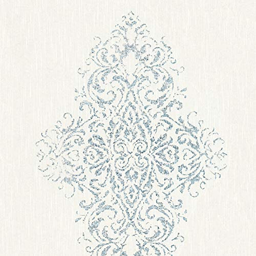 Textiltapete in Weiß und Blau | Glitzer Barock Tapete mit Ornament in Metallic Blau | Neobarock Vliestapete ideal für Schlafzimmer und Esszimmer