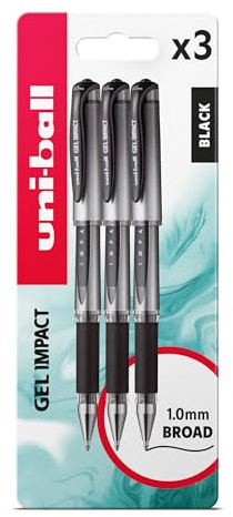 uni-ball - Gel Impact, Black Ink, Broad Nib, Rollerball Gel Pens (3pc Set) - Smooth, Comfortable, Long Lasting, Japanese Quality, for School, Work, Office, Study, Teacher, Notes, Journal, Gift