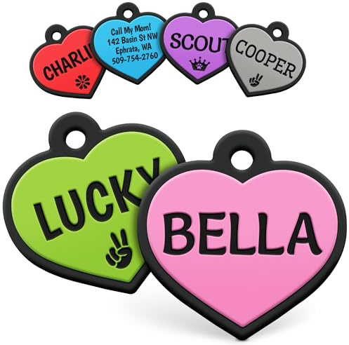 GoTags Silicone Dog Tags, Soundless Pet Tag, Personalized Silent Tag Engraved for Pets with Cute Custom Designs, for Dogs and Cats, (Heart, Pink)