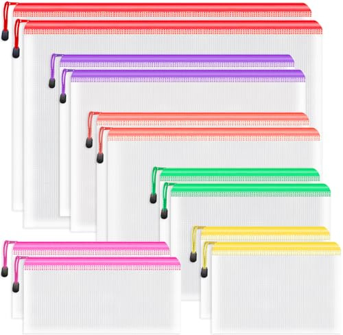 Plastic Wallets Folders - 12PCS Multi-Size Plastic Zip Lock Bags Document File Folders for School Office Supplies, Homework, Cosmetics and Travel Accessories (6 Size)