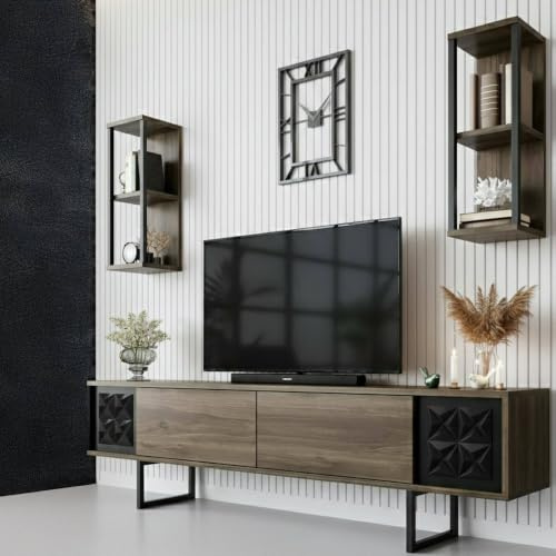 Dmora Mueble Porta Kaus, aparador de salón, Armario bajo para TV, Base de Pared Equipada, 180 x 30 x 48 cm, Nogal y Negro