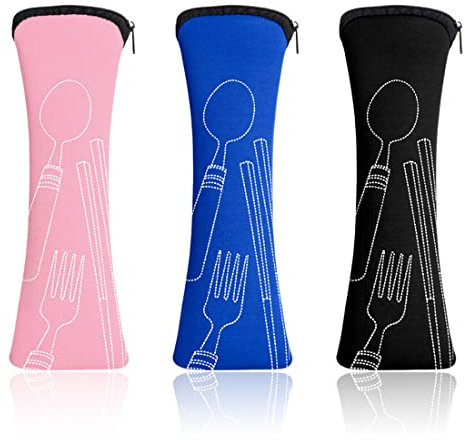Bestecktasche, Set mit 3 tragbaren Bestecktaschen mit Reißverschluss Reise Campingbesteck Reise Camping Schule Mittagessen Bestecktasche - Schwarz, Blau, Pink