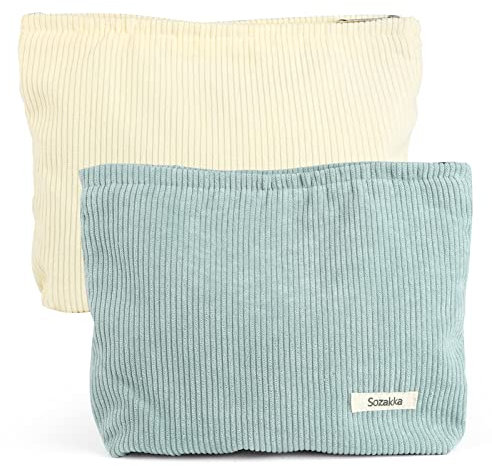 2 Stück Kosmetiktasche Cord, Groß Kapazität Schminktasche Damen, Make Up Tasche mit Reißverschluss, Multifunktionaler Stoff Schminktasche, Reise Kleine Kosmetiktäschchen, Schminktäschchen für Mädchen