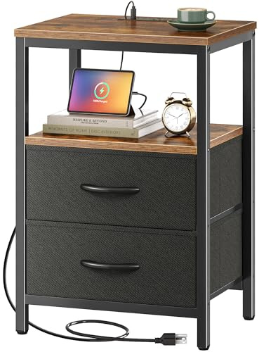 Huuger Nightstand with Charging Station, Side Table with Fabric Drawers, End Table with Open Shelf, Bedside Table with USB Ports and Outlets, Night Stand for Bedroom, Rustic Brown and Black