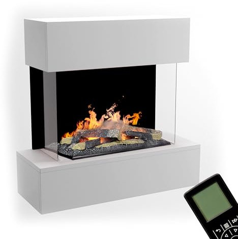 GLOW FIRE Wasserdampf Kamin HÖLDERLIN (Wandkamin) - Elektrokamin für die Wand mit realistischen LED 3D-Flammen, Knistereffekt & Fernbedienung, 80x78x37 cm, Opti-Myst 600 mit Holz-Deko, Weiß