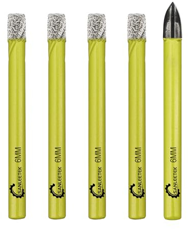 Secco Punte per Trapano Diamantate - 4pezzi 6mm Fresa Diamantata e 1pezzo 6mm Trapano al Carburo con Gambo Tondo per Marmo Granito Ceramica Porcellana Gres Quarzo SANLEETEK