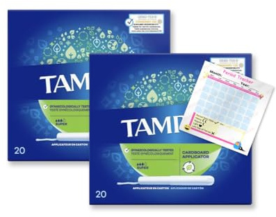 Tampons Super Cardboard Applicator Blue Box 40 Tampons (2 Packs of 20) | Leak Protection | Super Absorbent | Fragrance-Free | Long Lasting Protection