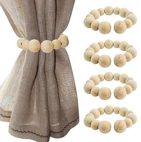 4 Pcs Wood Beads Curtain Holdbacks,Boho Curtain Tiebacks,Outdoor Farmhouse Tie Backs for Curtains,Curtain Holders for Home Office Room Decor (Wooden Bead)
