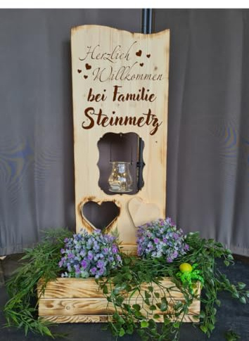 Designbysh Holzaufsteller, Holz Deko Schild Holzschild Eingangsschild mit Leuchtglas oder Solarlampe Herzlich Willkommen bei