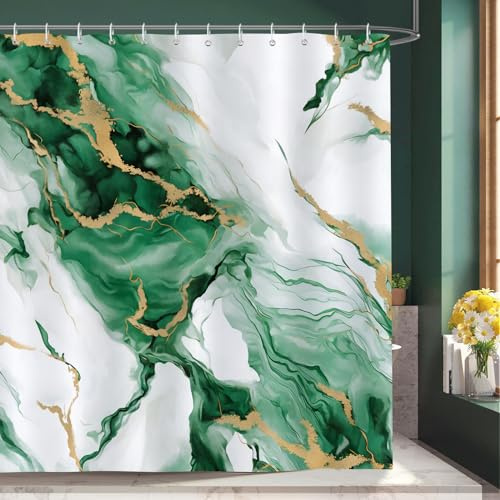 Bonhause Duschvorhang Marmor Grün Gold Ombre Modern Abstrakt Luxus Duschvorhänge 180 x 180 cm Anti-Schimmel Wasserdicht Polyester Stoff Waschbar Bad Vorhäng für Badzimmer mit 12 Haken