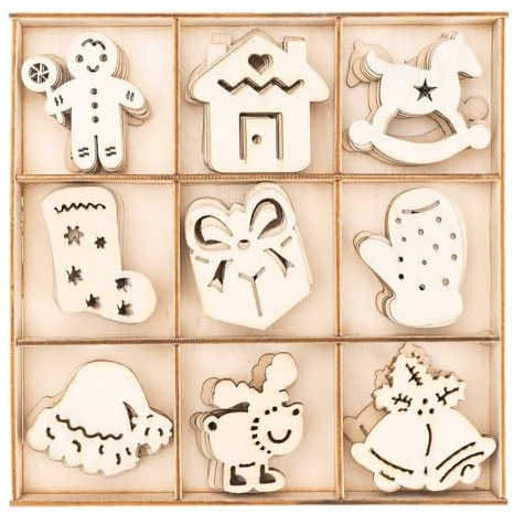 Ideen mit Herz Streu-Deko aus Holz | Holz-Motive Weihnachten | Winter-Deko | Tisch-Deko | Inklusive Holz-Box | 9 versch. Designs, je 7 Stück | 63-teilig