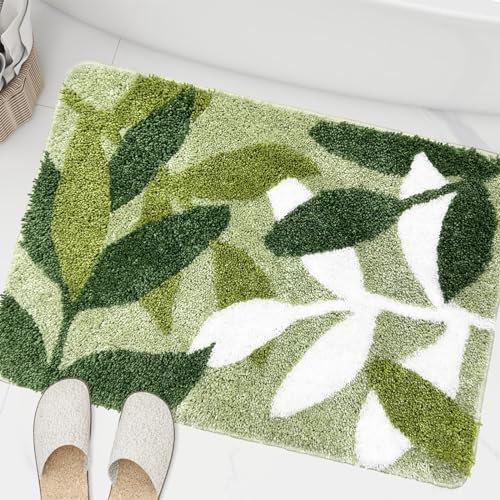 ZebraSmile Sage Green Bathroom Rugs Non-Slip Leaf Bath Mat 35.5x23.6 | Super Soft Strong Water Absorption Non Slip Back Bathmat Entryway Door Mat, Bathroom Floor Indoor Doormat Cute Home Decor