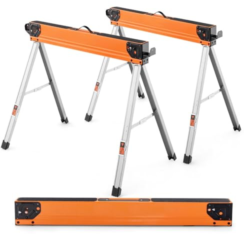 IRONMAX Saw Horses 2 Pack Folding, Heavy Duty Steel Work Horses w/ Flip-down Pegs & 2 x 4 Support Arms, 2200 LBS Capacity Portable Set of 2 Sawhorses w/ Fast Open Legs for Woodworking