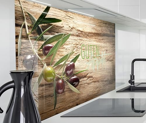 timalo Spritzschutz Wand für Herd, Küche Küchenrückwand Glasoptik | Acryl Glas 2mm | Glasrückwand Acrylglas Wandpaneele Rückwandschutz Platte | 80x50cm Oliven Guten Appetit