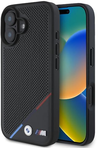 CG Mobile BMW HC M Coque de téléphone conçue pour iPhone 16, Durable, résistante aux Chocs, Compatible avec Magsafe, Coque Tricolore perforée en polyuréthane Noir