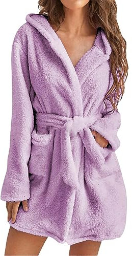 Bademantel Damen Kurz mit Kapuze Oversized Morgenmantel Leicht Frottee Saunamantel Flauschig Loungewear Fleece Hausmantel Kimono Bathrobe Herbst Winter Frottier-Bademantel Baumwolle Frotteekleid
