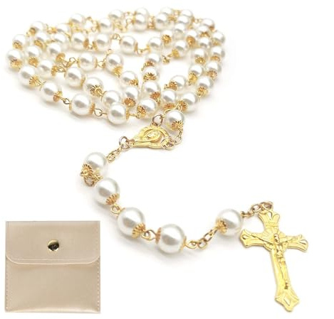 Calkkrer 1 chapelet catholique pour communion avec croix rétro, pochette cadeau élégante en velours, pour baptême, communion, mariage, fête (doré)