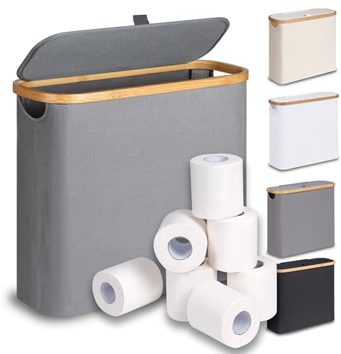 efluky 30L Toilet Roll Storage with Lid, Toilet Paper Basket, Bamboo Multifunctional Storage Basket Toilet Roll Basket for up to 9-12 Rolls, Perfect for Tight Spaces, Grey