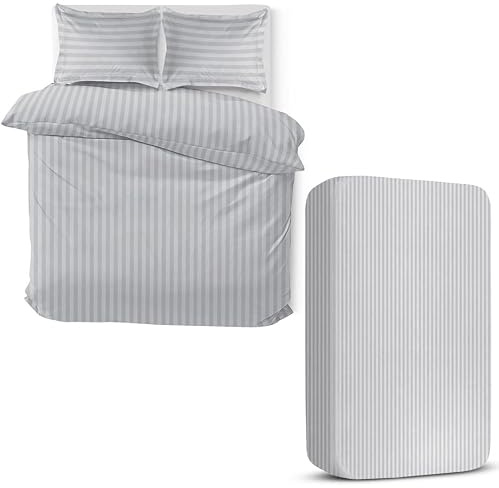 MOONLIGHT20015 4 Piece Double Bedding Set Satin Stripes Duvet Cover Fitted Sheet with Pillow cases Hotel Quality Soft Brushed Microfiber Silver