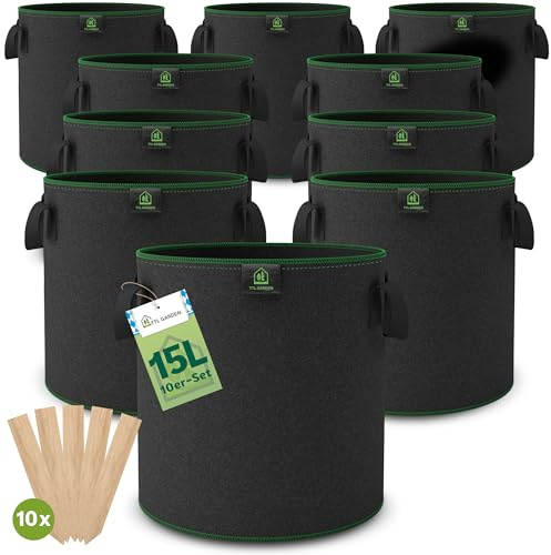 TTL GARDEN 10x 15L Pflanzsack aus Vlies Stoff aus 300 g/m² Filz & Vlies - | 10er Set 15 Liter Pflanztaschen Vliesstoff Pflanzgefäß Pflanzbeutel Wachstumstasche für Balkon Terrasse Gewächshaus & Garten