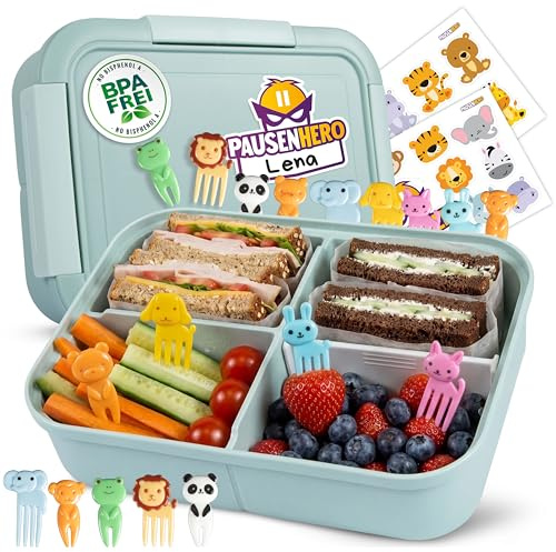 Pausenhero Kinder Brotdose mit Fächern in Mintgrün auslaufsichere Lunchbox | verstellbares Trennelement, für Schule & Kita, mit Obstgabeln & Stickern, BPA-frei & spülmaschinenfest