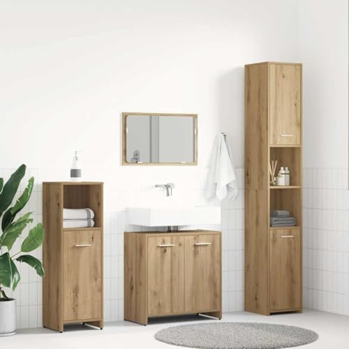 Myheimly 4-TLG. Badmöbel-Set Spiegel Unterschrank Badschrank Midi Schrank Hochschrank Badezimmermöbel Waschbeckenunterschrank Artisan-Eiche Holzwerkstoff