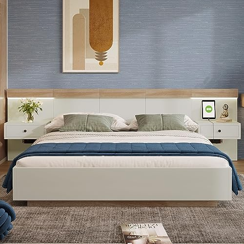 Merax Doppelbett Holzbett 160x200 cm in Eiche Sonoma/Weiß – mit 2 LED-Nachttischen & USB-C Steckdose, Schwebendes Bettgestell mit Lattenrost & Kopfteil, Schlafzimmer Komplettset (Ohne Matratze)