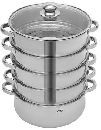 Qussse Edelstahl Dampfgarer, 5 Lagiger Dampfkocher Dampftopf mit Glasdeckel Mantowarka Dampfkocher Gardampfkochtopf Set für Induktion (Silber, 28cm)