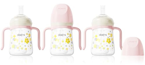 Oberni No Spill Sippy Cup, Weighted Straw Trainer Cup, Toddler Drinks Water Bottle with Leak-Proof Valve Spout for 6+ Months, 240ml/Pink/3 Pack